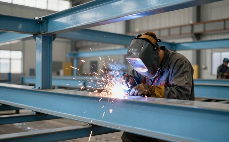 An expert welder working on a large-scale steel structure in a clean industrial workshop. Bright sparks fly against a backdrop of soft steel blue metal beams. The atmosphere is professional and highlights expert craftsmanship.