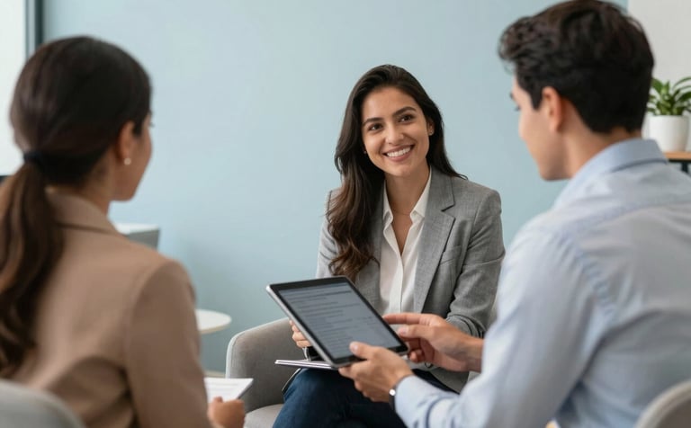 A welcoming consultation scene in a South American / Brazilian office. A consultant is sitting across from a client, showing a tablet screen. The atmosphere is warm and professional, featuring pale sky blue walls and clean, modern furniture.