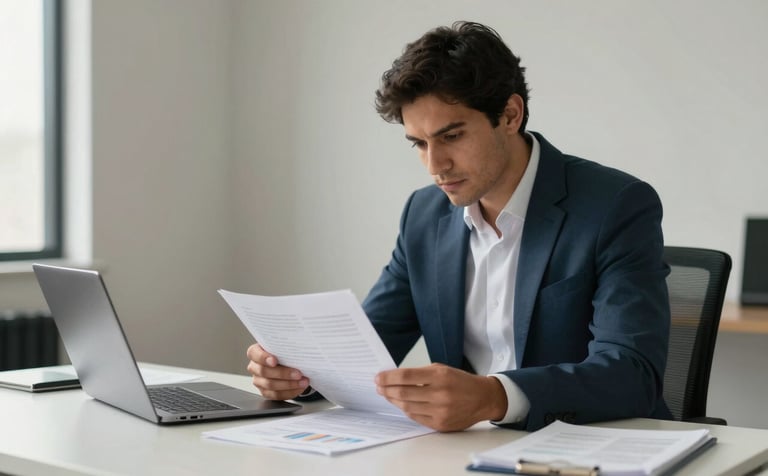 A professional in a modern South American / Brazilian office setting, reviewing financial documents with a focused expression. The room has soft natural lighting, a minimalist desk with a laptop, and subtle accents in muted steel blue and off-white.