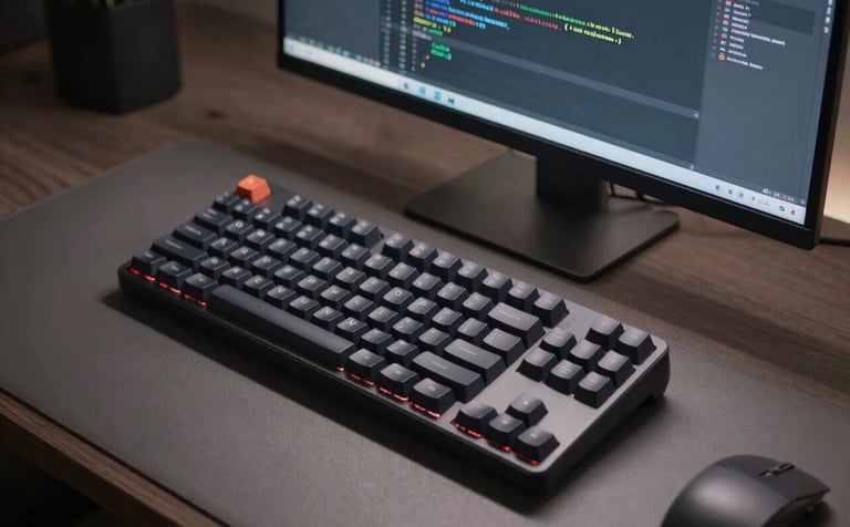 A sharp, high-angle photograph of a premium mechanical keyboard with dark keycaps and a high-resolution monitor displaying a clean code editor in a modern North American / US home office. The lighting is low and moody with subtle Arctic White glow from the screen.