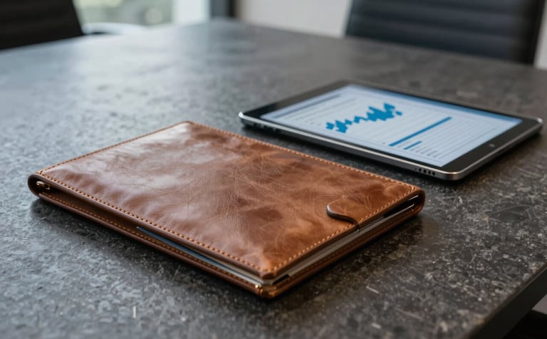 Close-up of a high-quality leather folio and a tablet displaying a professional finance graph on a dark stone conference table in a sophisticated Oceanic / Australian office setting.