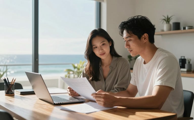 A professional couple in a bright, modern Oceanic / Australian home office, looking at documents together on a wooden desk with a laptop, soft natural morning light coming through a large window.