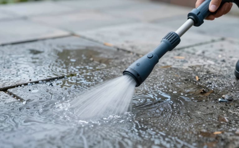 A close-up shot of a professional power washing wand cleaning a dirty stone patio. The powerful water stream reveals the clean surface underneath. The image highlights efficiency and cleanliness, with cool water tones in #B0BEC5 and professional gear in #263238.
