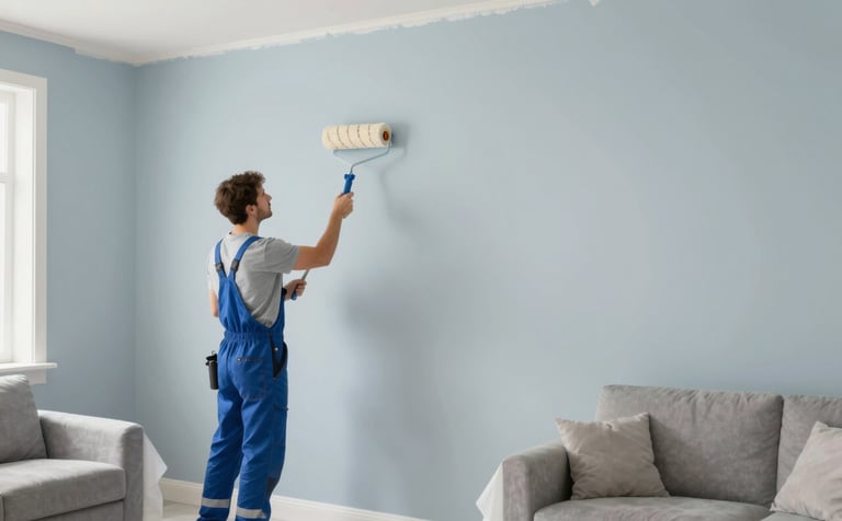 A clean, modern living room interior being transformed. A professional painter is using a roller on a smooth wall. Every edge is perfectly masked with tape, and furniture is protected by drop cloths. The lighting is soft and natural, reflecting the professional mood with colors like #B0BEC5 and #ECEFF1 throughout the room.