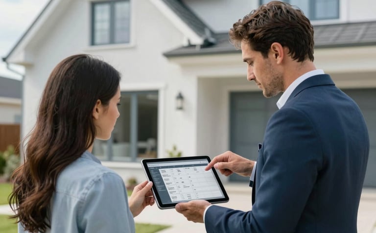 A high-quality lifestyle photograph of a professional estate agent and a client reviewing a digital schedule on a tablet outside a stylish Northern European home. The scene is bright and efficient, featuring clean lines and a soft slate blue and pale cloud grey color palette.