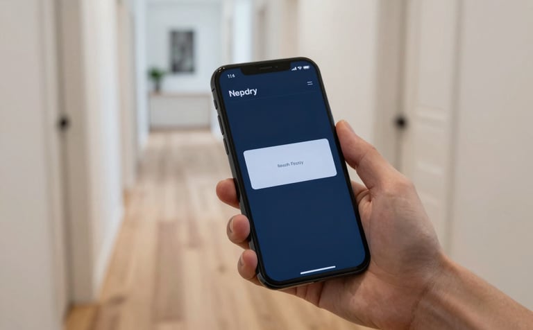 Interior photography of a bright, contemporary Northern European hallway with light oak flooring. A hand is shown holding a smartphone displaying a clean property messaging interface in dark navy blue and soft slate blue tones. Trustworthy and professional mood.