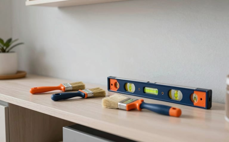 A professional photography of a modern renovation in a South American / Brazilian home. The image shows a well-lit living space with tools like a spirit level and brushes neatly organized, reflecting a clean and professional work environment. The color palette includes hints of midnight blue and orange from the tools against a light gray wall.