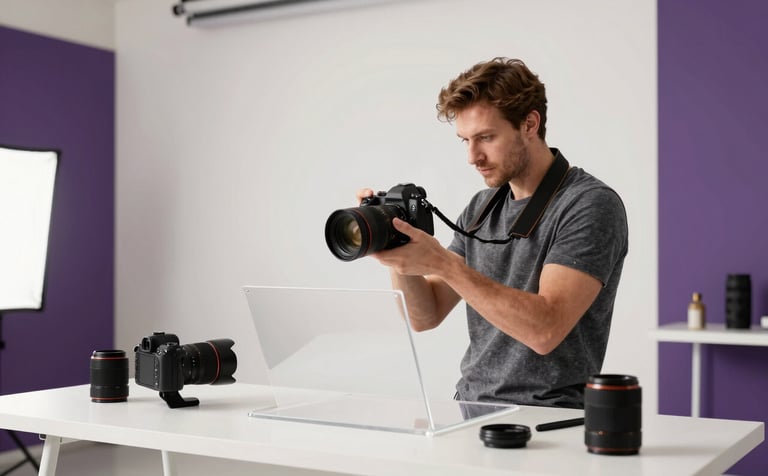 A professional North American photographer in a bright, modern studio using a high-end camera to shoot social media content. The studio features off-white walls and sophisticated deep purple accents in the decor. High-key lighting highlights the professional gear and transparent creative process.