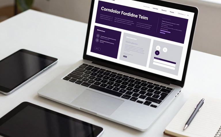 A close-up shot of a North American digital strategist's workspace. A laptop displays a sophisticated branding mood board with deep purple and light grey palettes. Professional tools like a tablet and a minimalist notebook sit on a clean desk. Soft, natural lighting.