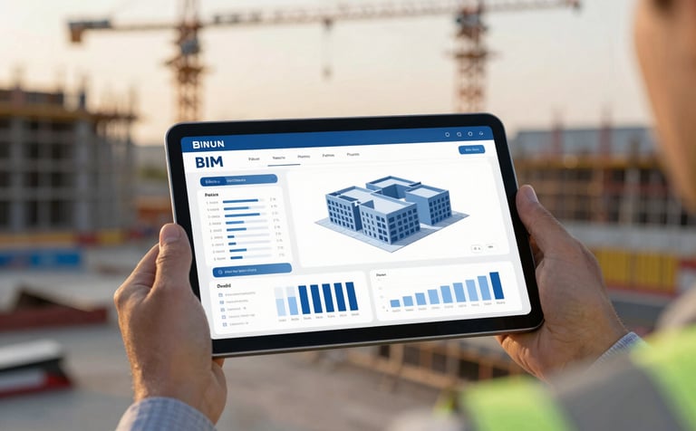 A close-up of a digital tablet showing a BIM dashboard with charts and a 3D building cross-section, being held by an engineer at a construction site. The lighting is sunset-toned but professional, using the #2E5F7B and #EBF4F7 palette to convey trustworthy expertise.