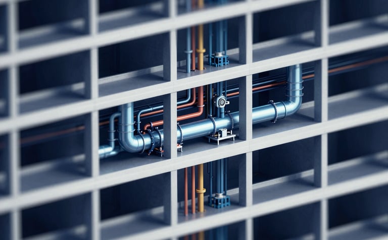A complex MEP coordination view in Navisworks showing multi-colored pipes and HVAC ducts within a building's framework. The image emphasizes precision and 'innovative reliability' with deep navy #0A1C2C shadows and bright #7ABDCF highlights, suggesting high-tech clash detection capabilities.