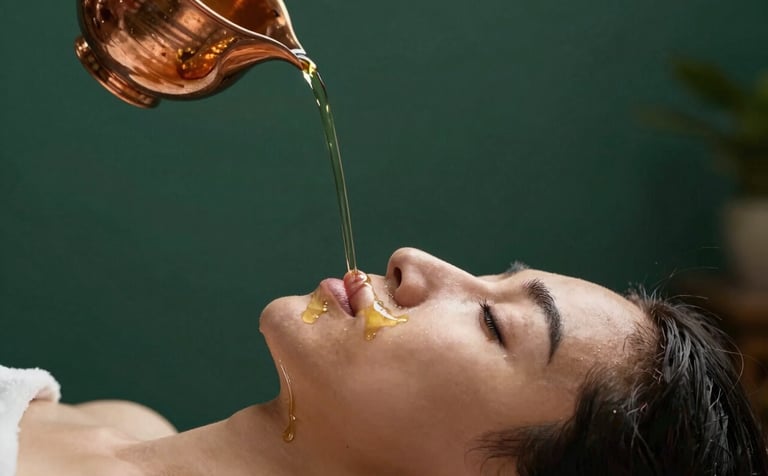 A close-up photograph of a Shirodhara treatment. A thin, continuous stream of warm oil flows from a traditional copper vessel onto the forehead of a person resting peacefully. The background is a sophisticated dark forest green wall. The atmosphere is quiet and meditative. Soft lighting highlights the texture of the oil.