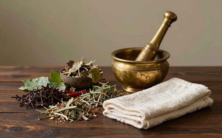 A sophisticated still-life photograph representing Ayurvedic detox. A collection of raw herbs, a brass grinding bowl, and a folded off-white linen towel sit on a dark wood table. In the background, a soft moss colored wall creates a serene, natural environment. Professional lighting with soft shadows.