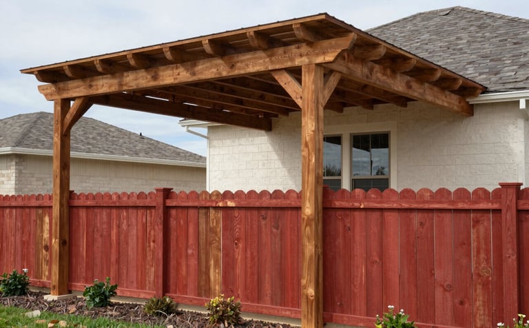 Exterior of a North American / Texan residence showing a newly constructed custom cedar pergola and a sturdy red-stained wooden fence. Professional landscaping and clean architecture highlight the Texan pride and durability of the build.