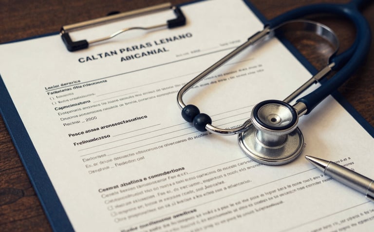 A detailed close-up of a Latin American / Spanish forensic report and a clinical history folder on a desk. A stethoscope and a pen lie next to the documents, signifying the intersection of law and nursing expertise. Meticulous and technical mood with off-white and dark blue tones.
