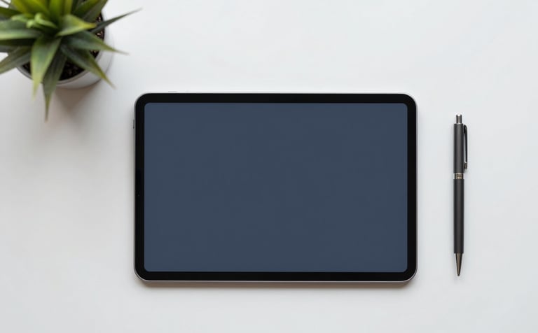 A clean, modern top-down view of a minimalist desk with a professional tablet, a sleek pen, and a small plant. The color palette features #212A3E and #F5F7F8, symbolizing a fresh business beginning. Sophisticated lighting with soft shadows.