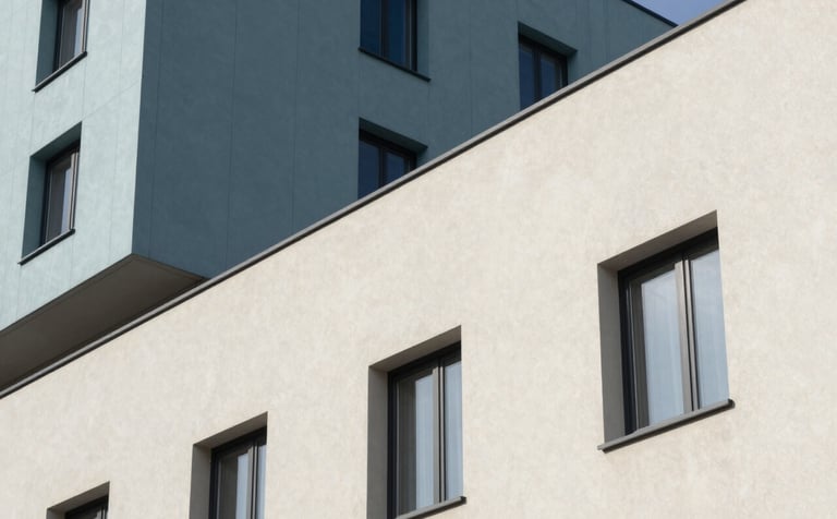 Architectural photography of a contemporary Western European building featuring a combination of clean off-white plaster facade and modern muted blue siding. Soft natural lighting emphasizes the clean lines and texture of the craftsmanship.