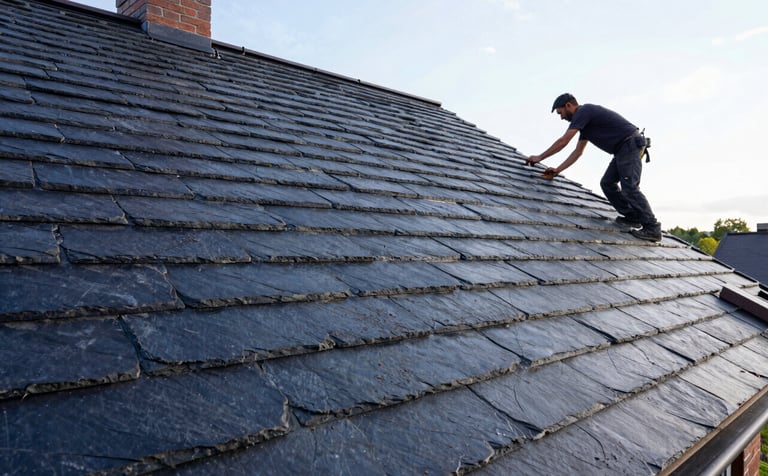 Professional photography of a high-quality slate roof installation on a Western European house. A skilled worker is visible in the distance ensuring precision. The atmosphere is professional and the lighting is bright and clear, highlighting dark navy blue and charcoal tones.