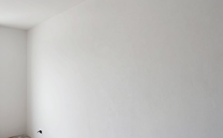 Interior view of a modern renovation in France. The focus is on a perfectly smooth white plastered wall and high-end finishing work. The lighting is soft and professional, showing off a clean, trustworthy craftsmanship.