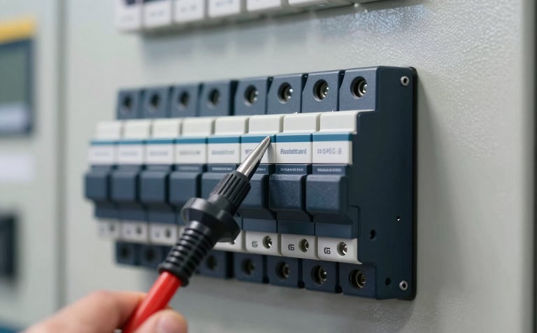 A sophisticated shot of a modern electrical switchboard with Residual Current Devices. A specialized testing probe is shown touching a circuit breaker. The color palette is dominated by dark navy #0D1C2B and clean metallic textures of #F0F2F5, emphasizing industrial precision.
