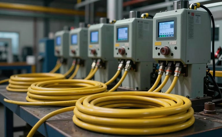 An industrial workshop setting featuring high-current machinery. Yellow 3-phase power cables #EBC86F are coiled neatly in the foreground. The lighting is cinematic and moody, highlighting the technical and robust nature of Wellington's heavy industries.