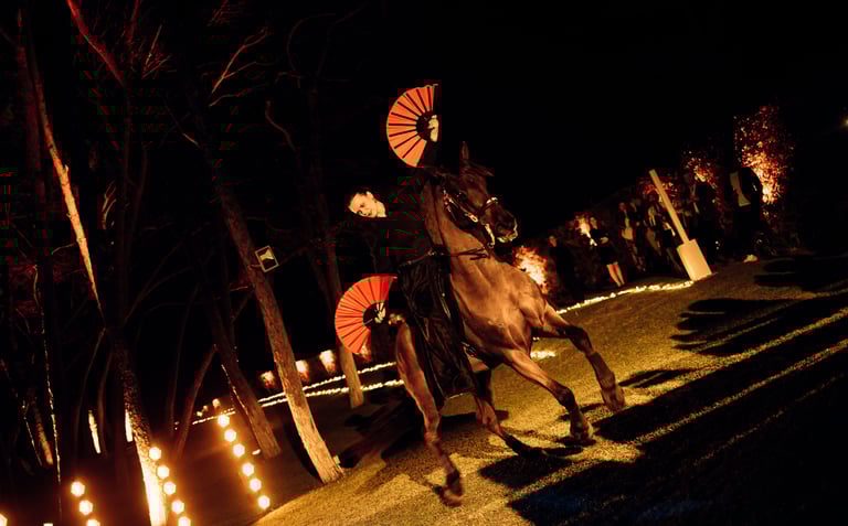 Corporate event at Villa El Rincon in Marbella featuring a live flamenco performance with horse riders.