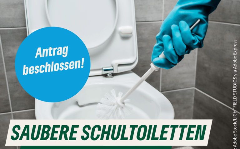 Sharepic zum Antrag mit dem Foto einer Toilette, die mit einer Klobürste geputzt wird.