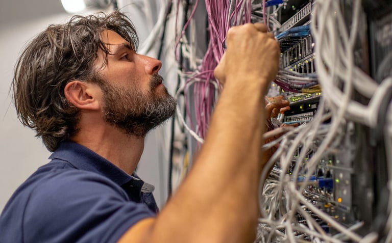 a man in a blue shirt is looking at a bunch of wires