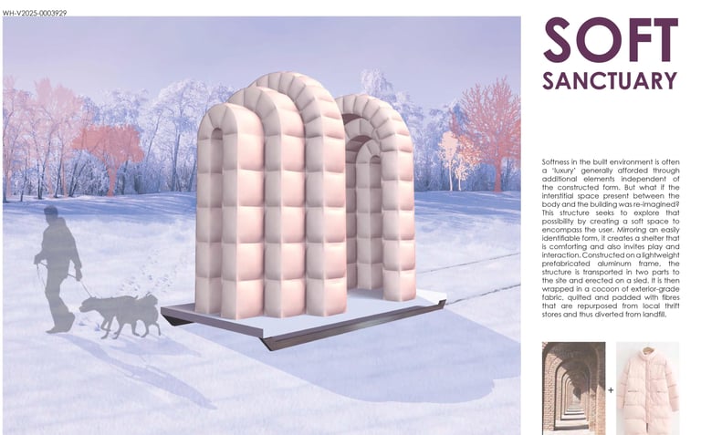 a person walking in a snow covered field with a warming hut behind them
