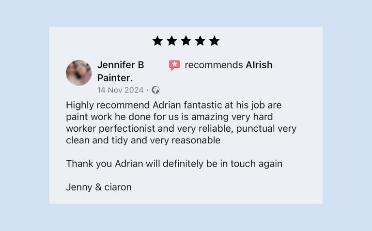 A 5-star customer review praising professional paint work by Alrish for being clean, tidy, and reliable.