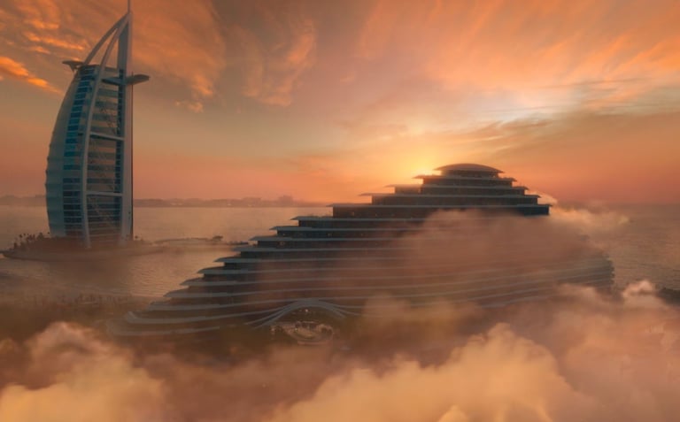 Futuristic architectural hotel design against a dramatic sunset.