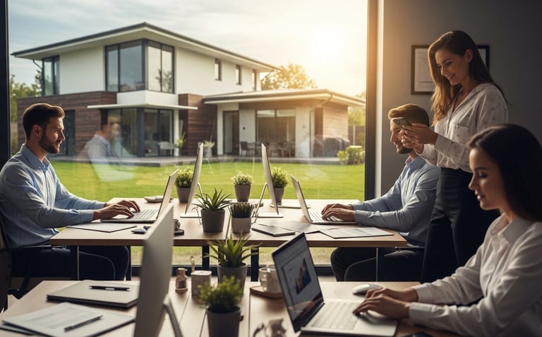 A bright and modern real estate brokerage office where a collaborative team of agents at work