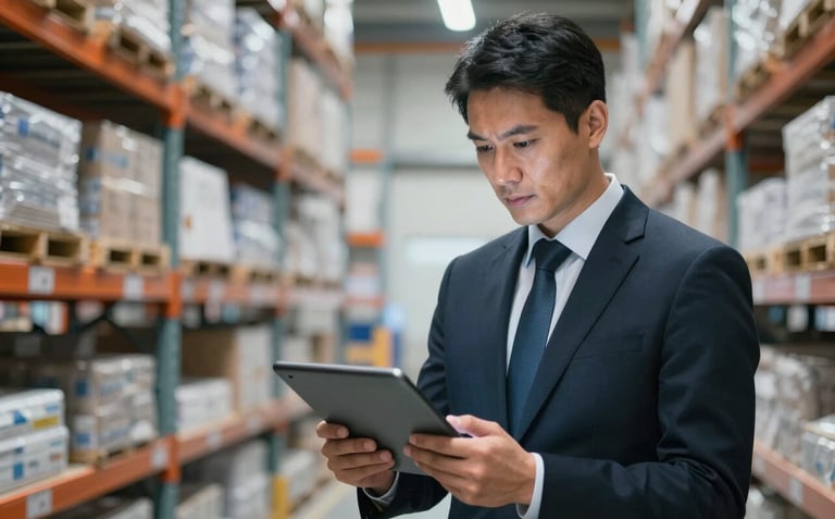 A professional executive in a dark navy suit reviewing logistics data on a tablet inside a clean, modern, and brightly lit warehouse. Soft blue highlights in the background.
