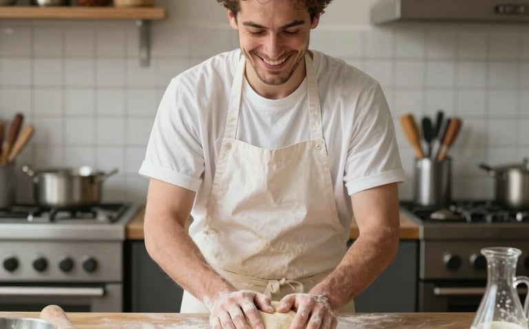 A cheerful local baker kneading dough on a wooden counter, warm cozy kitchen setting in Berlin, rustic baking tools, natural daylight, authentic photography, Central European / German / Berlin