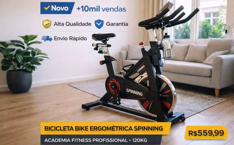 Bicicleta ergométrica de spinning profissional para academia e fitness doméstico em uma sala de estar.