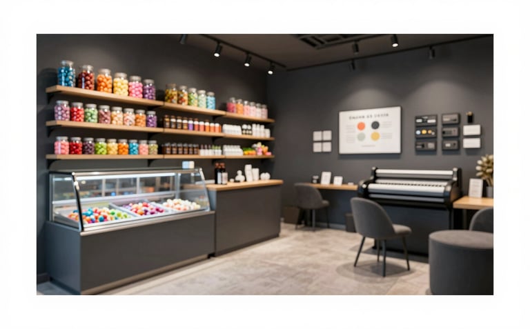 The interior of a modern, stylish shop in Zaragoza. To one side, vibrant jars of candy and an ice cream station; to the other, a professional printing and design area. Clean lines, charcoal grey furniture, and bright accent lighting.