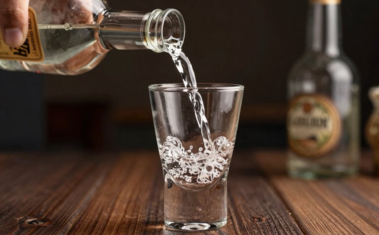 A refined South American scene showing the pouring of a clear artisanal spirit into a delicate glass, focused on the liquid motion and the craftsmanship of the glassware.