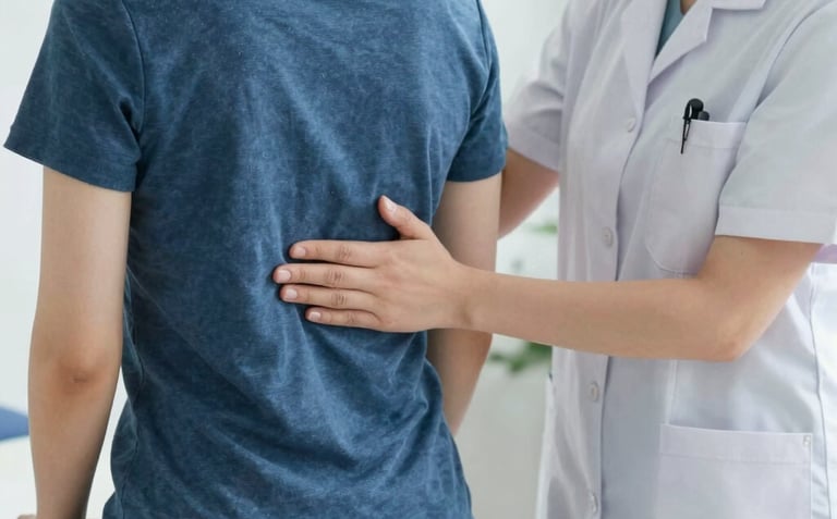 Therapist assisting a patient with muscle rehabilitation exercises in a bright clinic room.