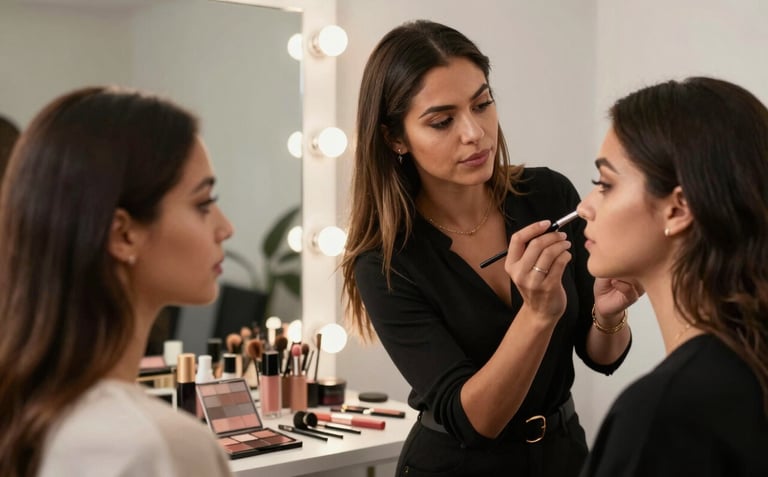 A professional female makeup instructor of North American / NYC Hispanic background demonstrating a technique on a student in a modern, elegant studio classroom. Soft lighting, high-end cosmetics visible, sophisticated atmosphere.