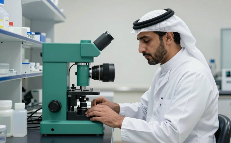 Photography of a professional in a modern Middle Eastern / Yemeni laboratory, wearing a white coat, with deep emerald green equipment accents and clean midnight blue furniture.