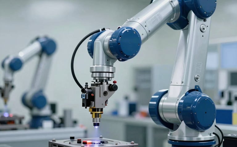 A high-precision robotic arm performing an assembly task in a clean East Asian manufacturing plant. Steel blue reflections on the arm, professional industrial photography with a focused depth of field.