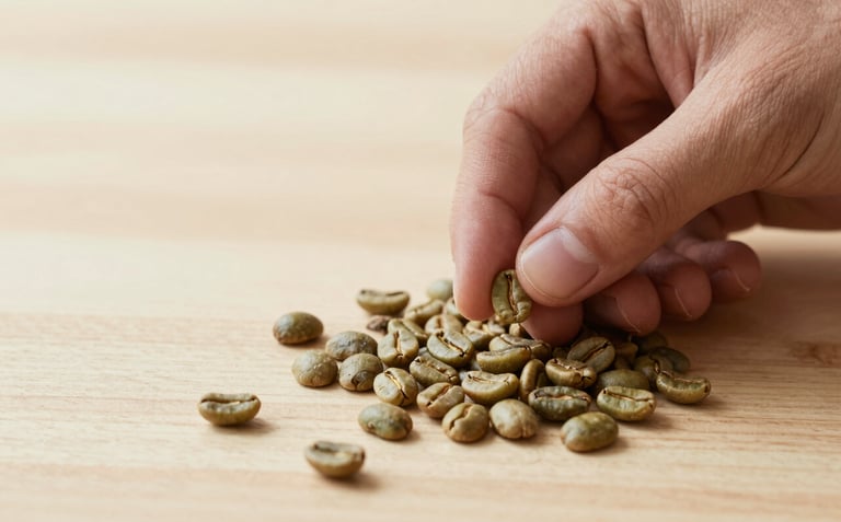 A minimalist, high-end close-up of green coffee beans being sorted by hand on a light wooden surface. Clean, professional composition with neutral lighting.