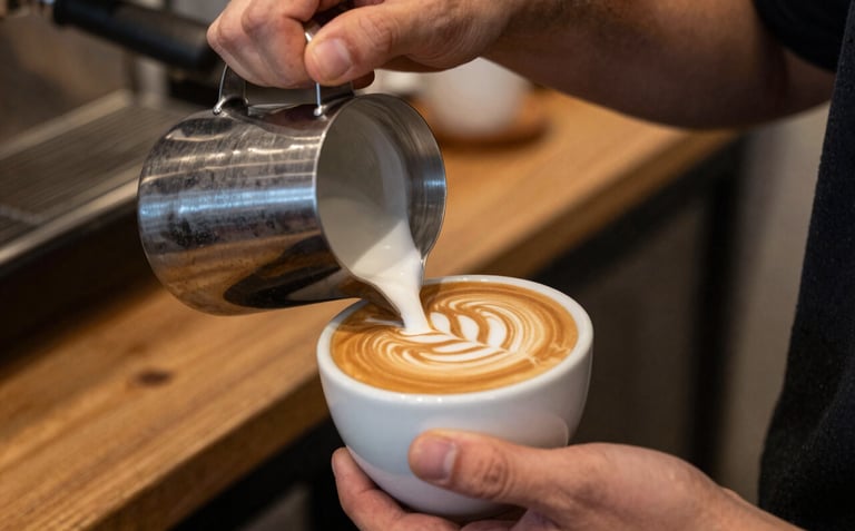 A close-up of a barista's hands carefully pouring steamed milk into a cup of coffee to create intricate latte art, focused and artistic, in a warm brown and beige North American / US coffee shop setting.