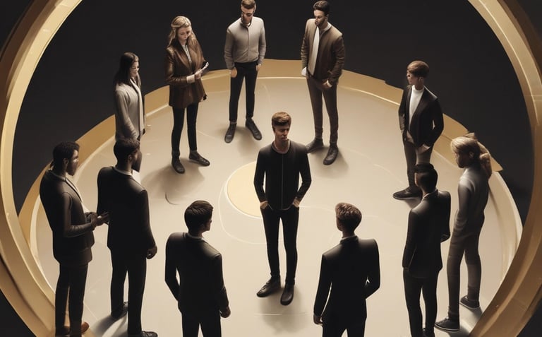 A diverse group of young people collaborating in a modern, spacious room with black, white, and gold accents.