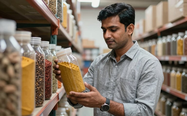 A professional portrait of a South Asian export manager in a clean warehouse environment, inspecting high-quality spices in transparent containers. The mood is confident and trustworthy.