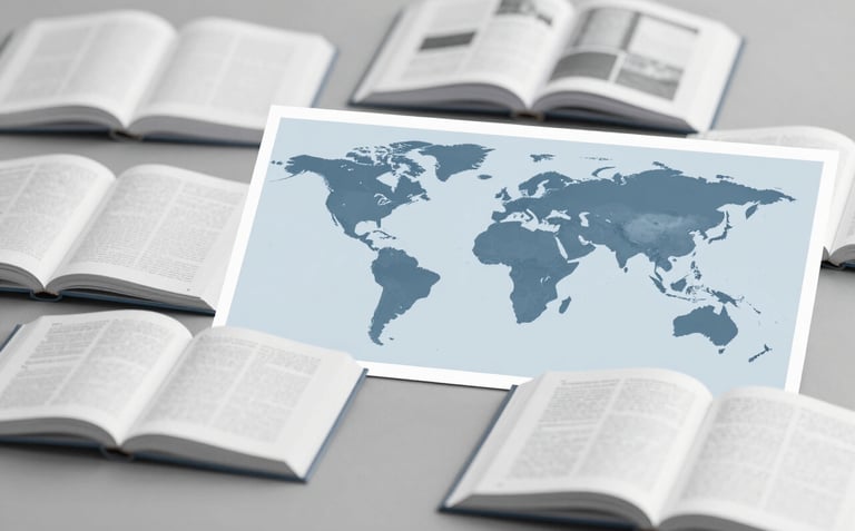 A professional flat-lay photograph of various open textbooks and a global map, signifying international distribution. Features clean lines and a professional aesthetic using #3C5A6C and #EBF2F6 tones.