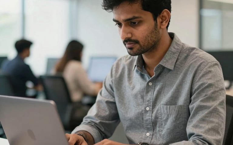 A professional sitting in a modern, bright South Asian / Global office, working intently on a laptop, with a blurred background suggesting a productive and innovative startup environment.