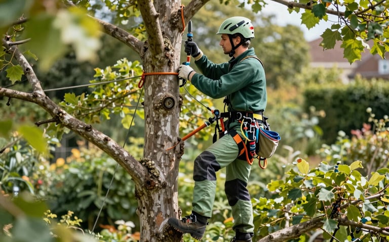 A professional arborist equipped with safety gear performing pruning on a tall deciduous tree in a garden in Northern France. The lighting is bright and natural. The arborist's equipment is professional, featuring sage green and dark forest green colors.