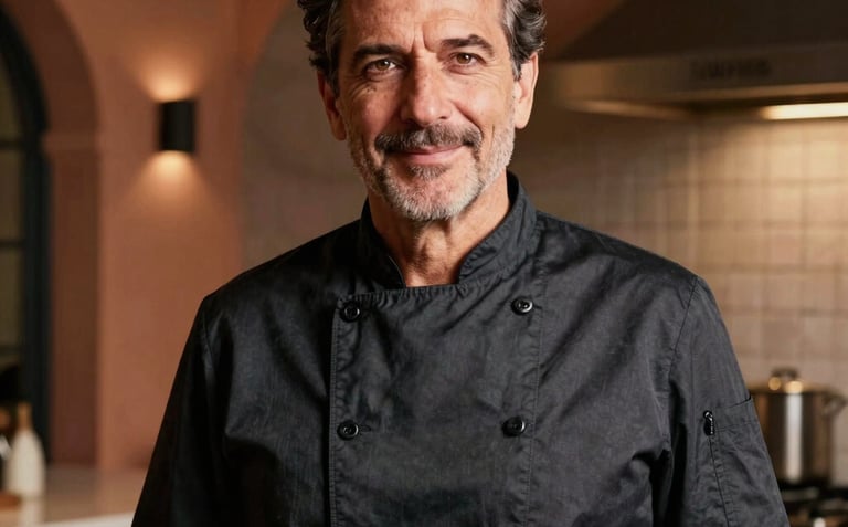 A sophisticated portrait of a mature chef with a warm, experienced gaze, dressed in a contemporary dark culinary tunic, standing in a modern kitchen with Southern European architectural details. Warm charcoal and muted orange lighting.