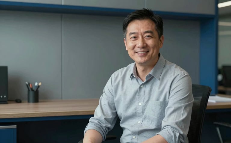 A professional portrait of an East Asian / Hong Kong / Greater Bay Area male consultant in his 40s, with a warm and approachable expression, sitting in a minimalist modern office with steel blue accents.